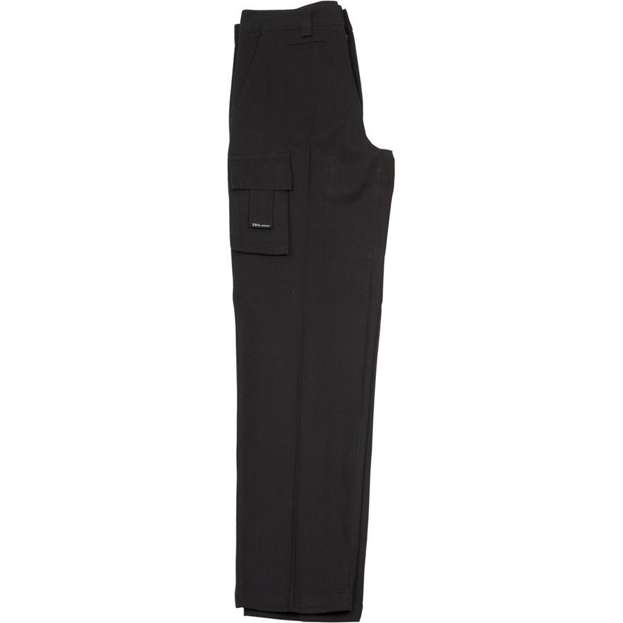 Black women's cargo pants with side flap pocket and straight leg design