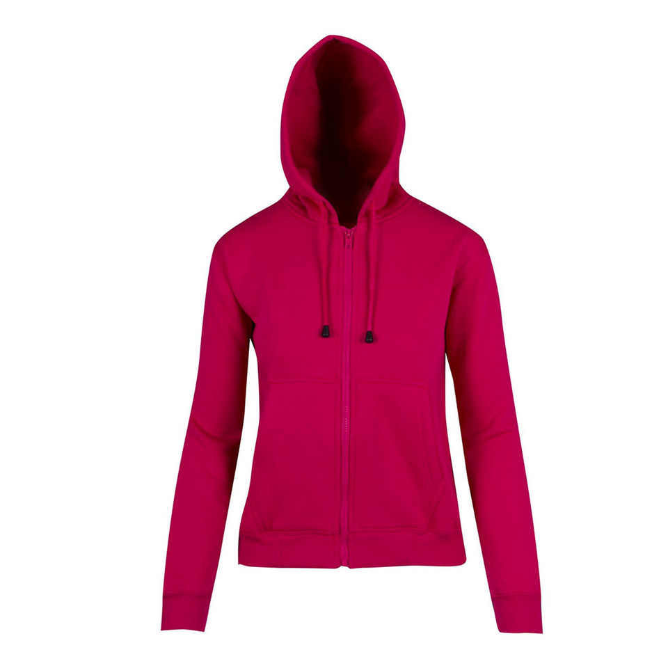 Deep fuchsia pink zip-up hoodie jacket with front zipper, drawstring hood and kangaroo pocket