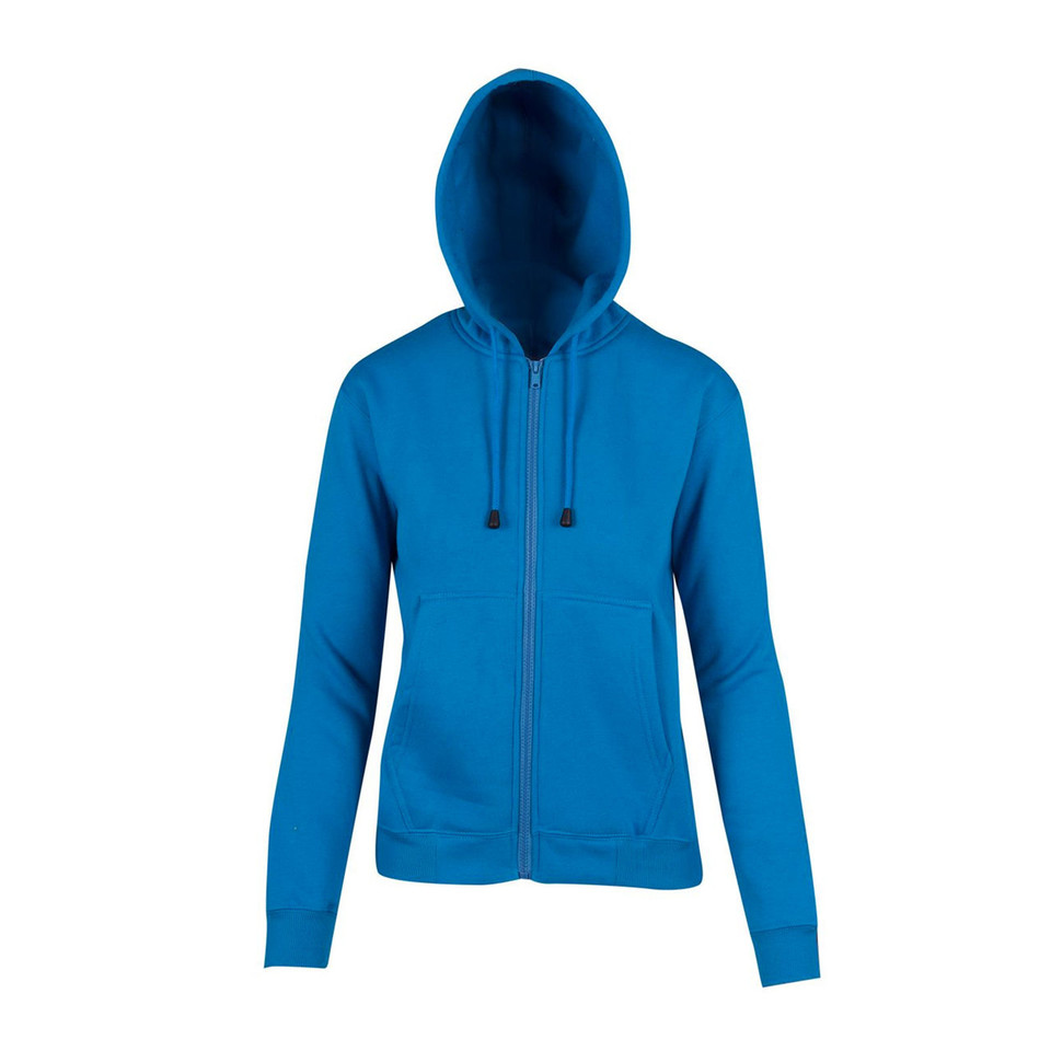 Sapphire blue ladies zip-up hoodie with matching drawcords and kangaroo pocket