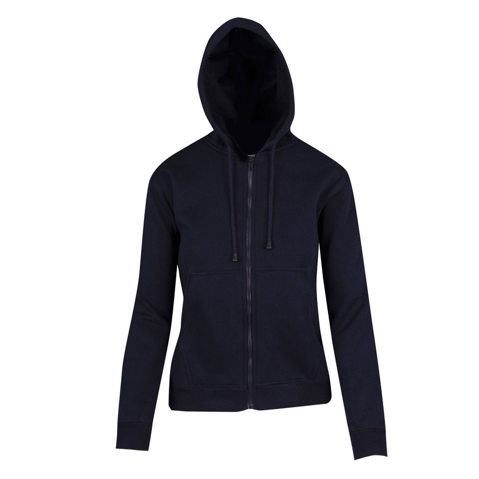 Navy fitted women's zip-up hoodie with drawstring hood and front pockets