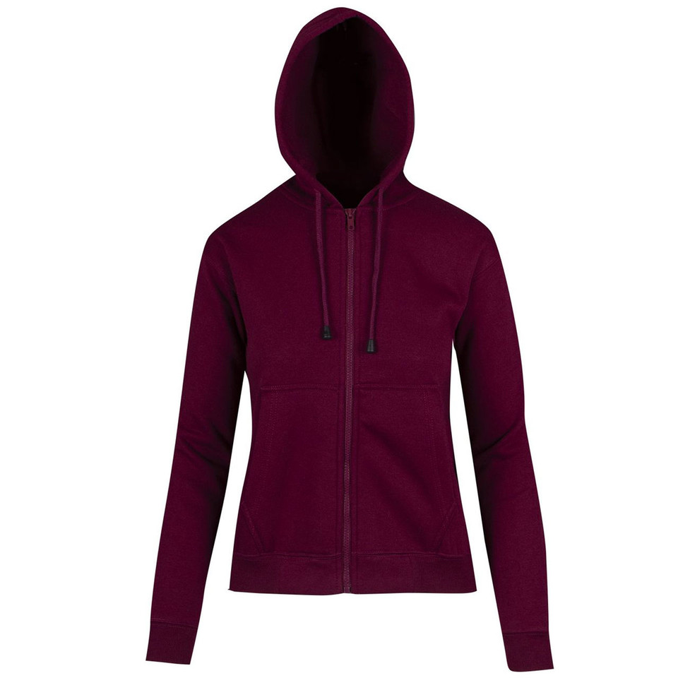 Deep burgundy ladies zip-up hoodie with matching drawstrings and front pockets