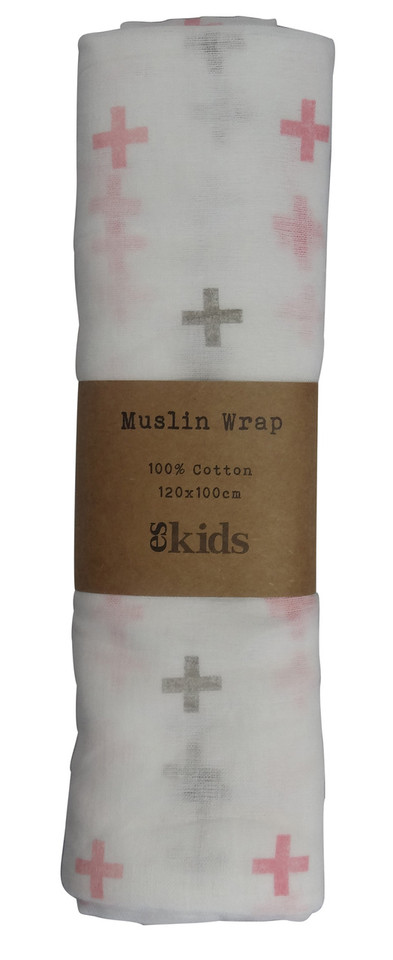 Buy Baby Muslin Cloth | Pink + Grey Cross Buy Baby Muslin Cloth | Pink + Grey Cross