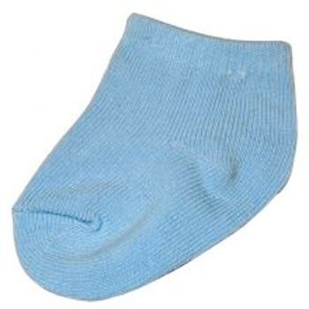 Pale blue ribbed baby sock with elastic cuff shown from side angle