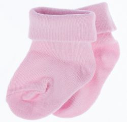Pale pink ribbed cuff baby socks shown in pair with soft cotton construction