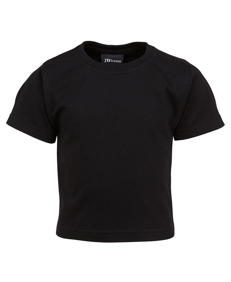 Black infant t-shirt with crew neck and short sleeves on white background