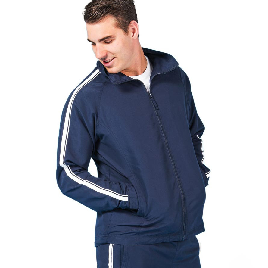 Man wearing navy warm up jacket with white contrast sleeve stripes and full-length zip