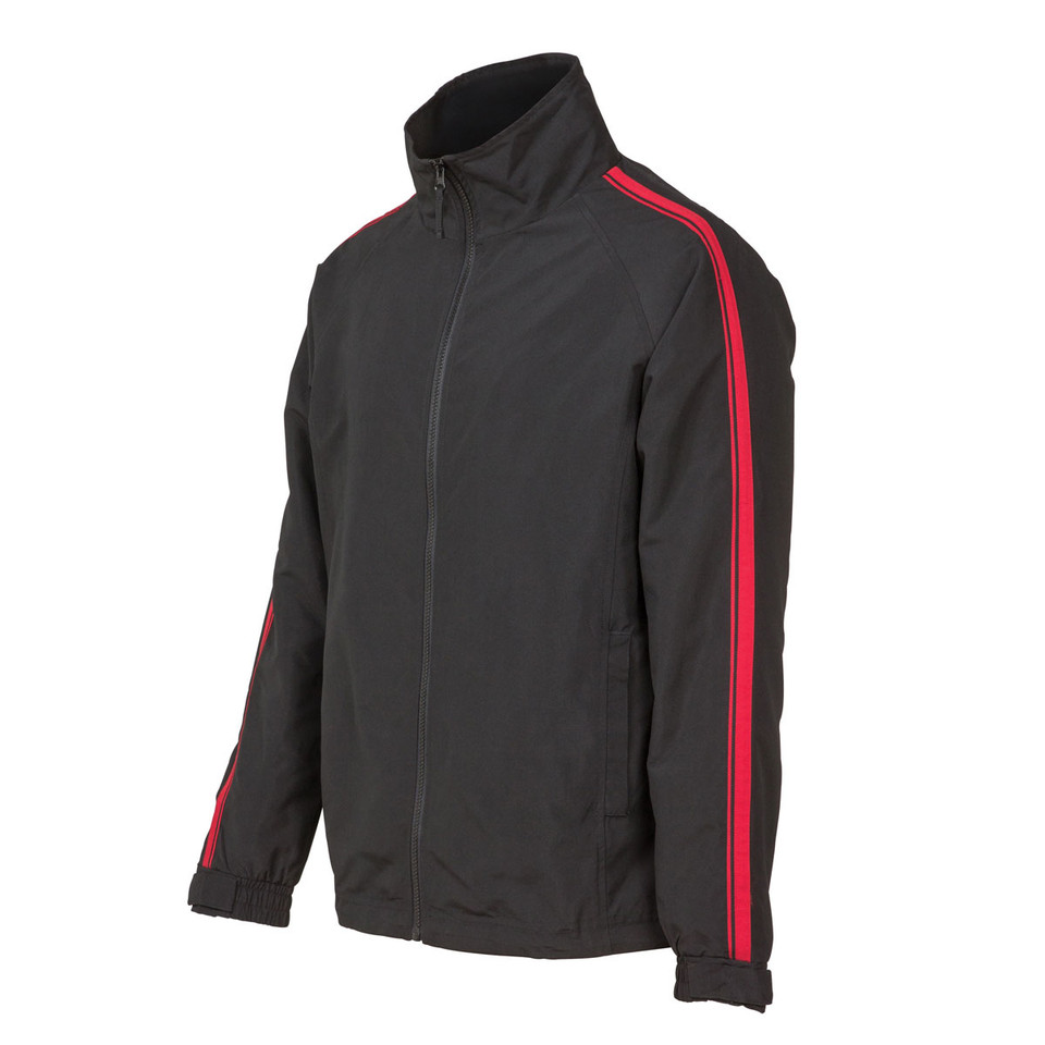 Charcoal grey warm-up jacket with red contrast piping along sleeves and full-length zipper