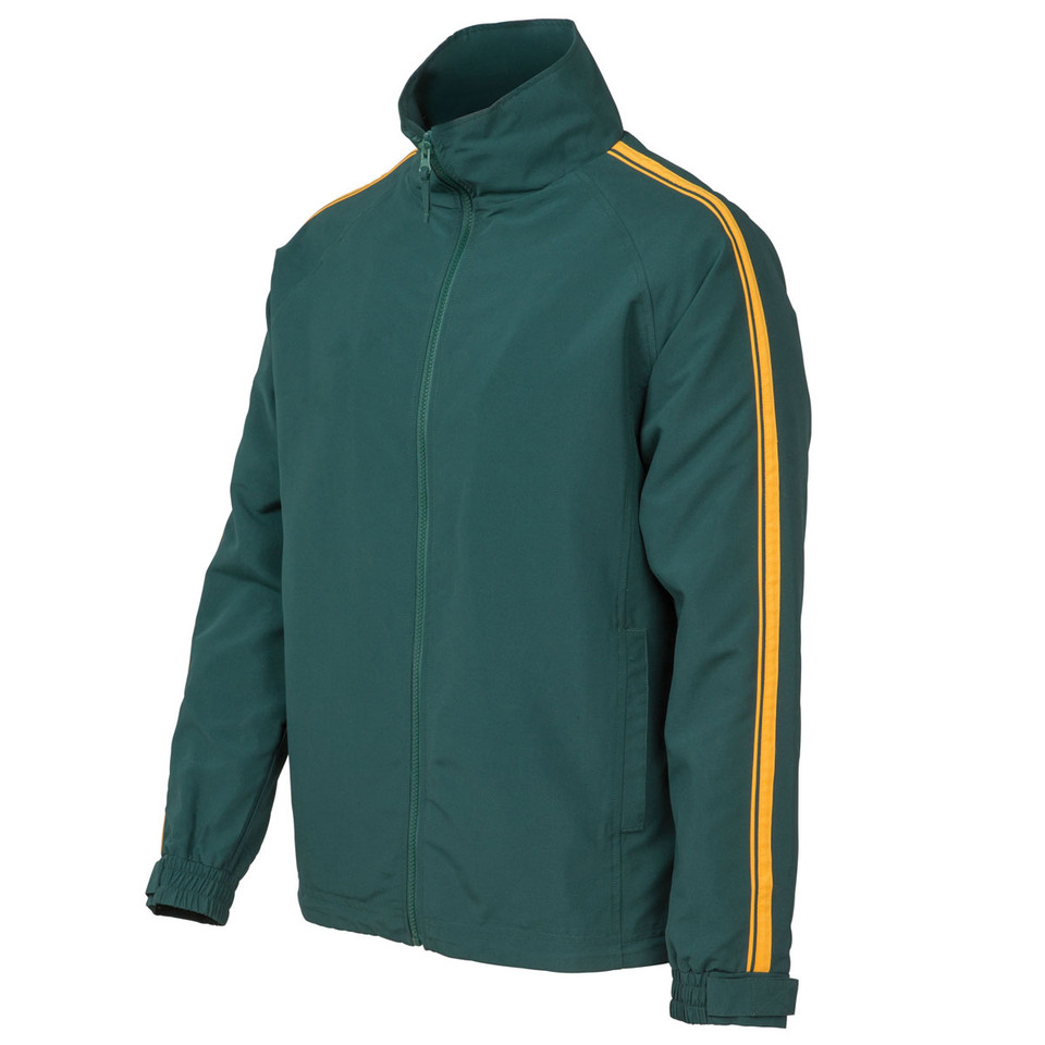 Bottle green full-zip warm up jacket with gold contrast sleeve stripes and funnel collar, flat lay