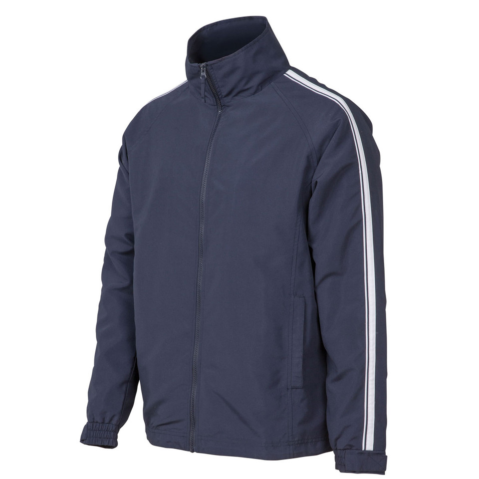 Navy warm up jacket with white contrast piping along sleeves and full zip front
