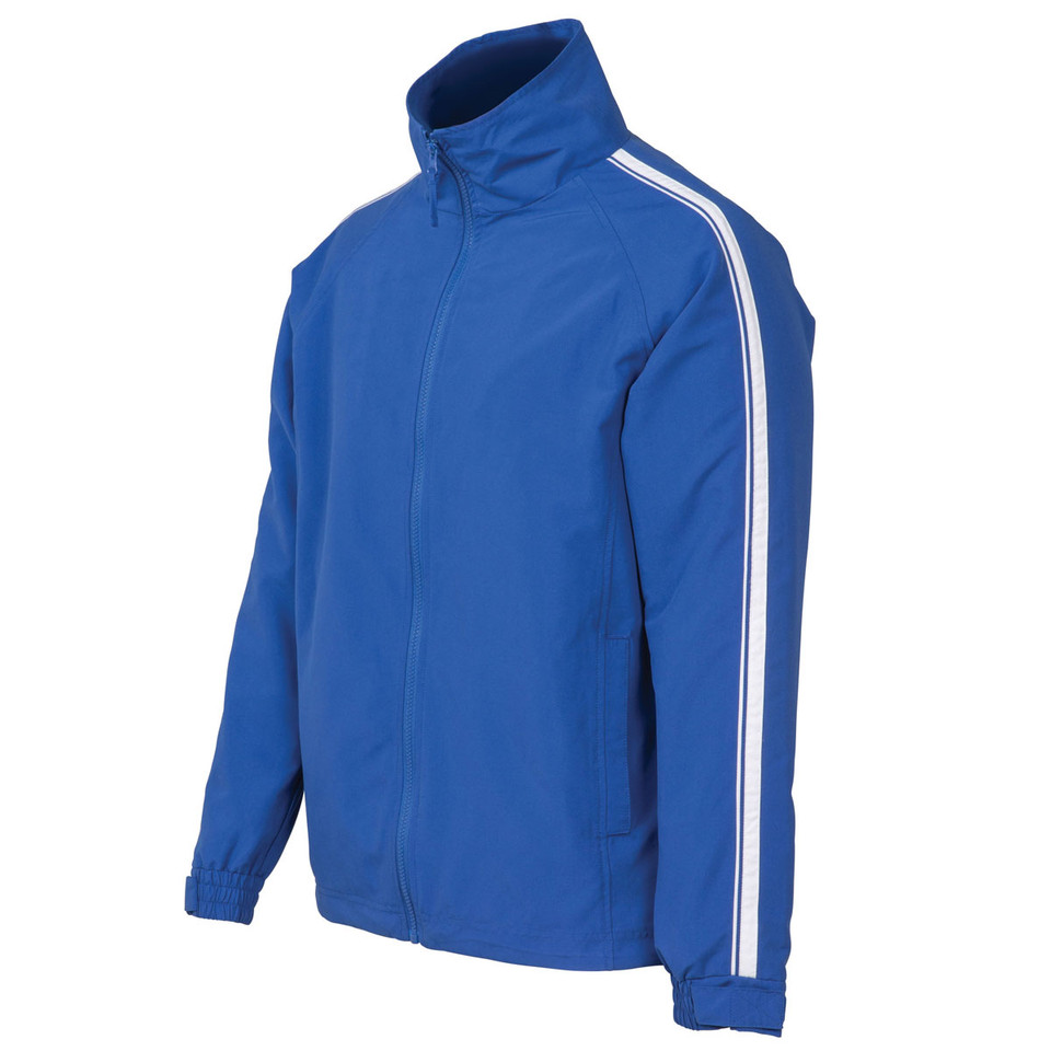 Royal blue warm-up jacket with white contrast piping along shoulders and sleeves, high collar and front zip