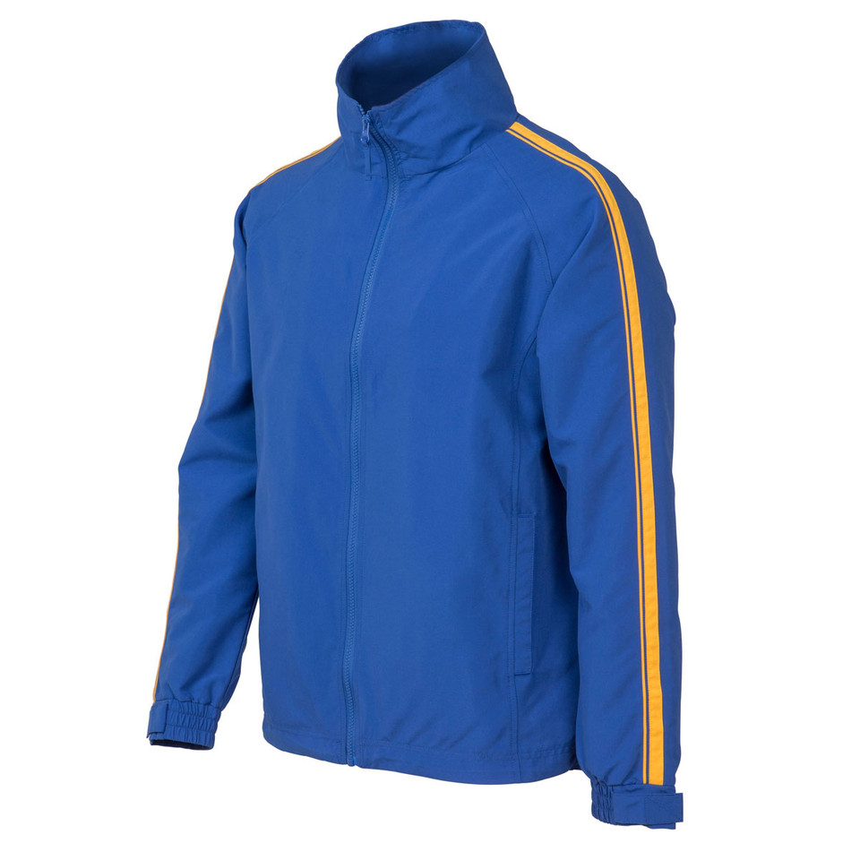Royal blue full-zip warm up jacket with gold contrast sleeve stripes and elasticated cuffs
