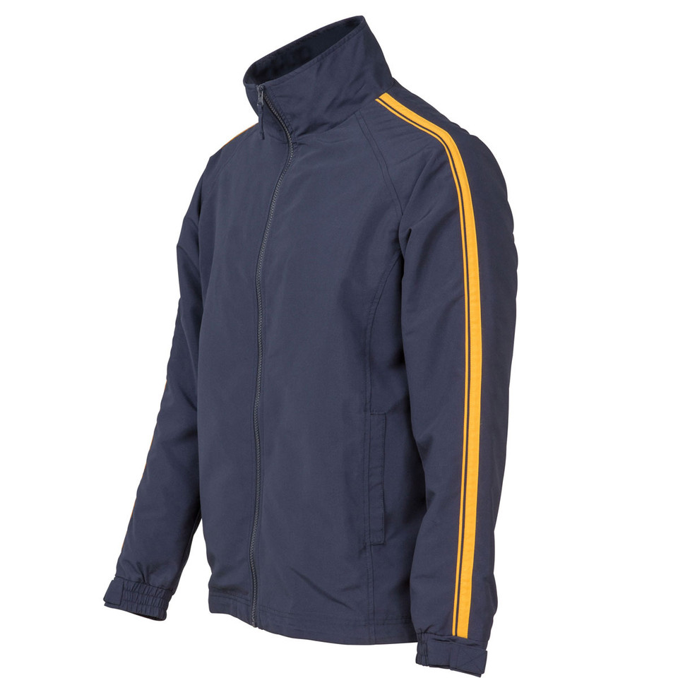 Navy zip-up warm-up jacket with gold and white contrast stripe along shoulders and sleeves