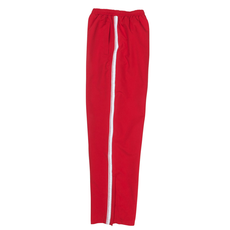 Bright red warm up pants with white contrast stripe down side seam and white drawstring waistband
