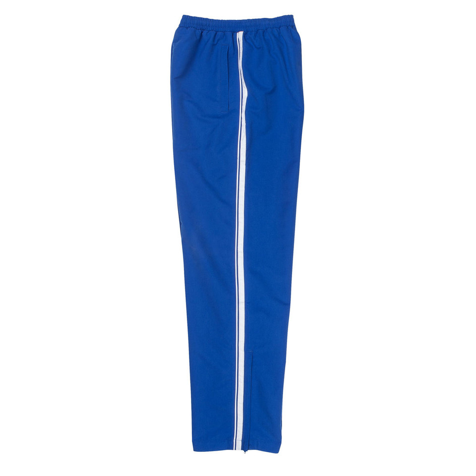 Royal blue warm up pants with white contrast side stripe and elastic waistband, flat lay