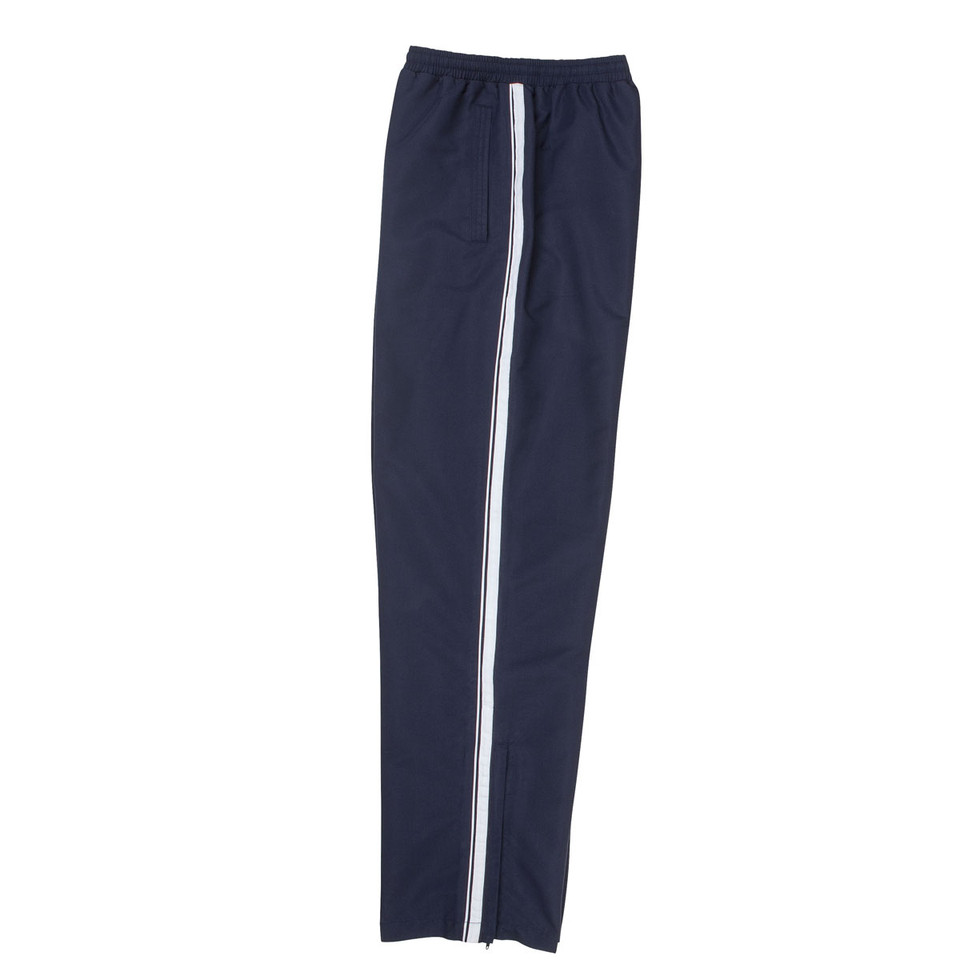 Navy warm up pants with white contrast side stripe, elastic waistband and ankle zip, flat lay