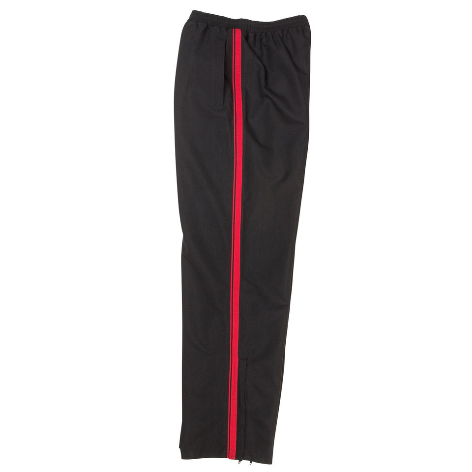 Black warm up pants with red contrast stripe running down the side seam