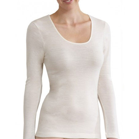 Natural cream merino wool long sleeve thermal top with scoop neckline and fitted silhouette