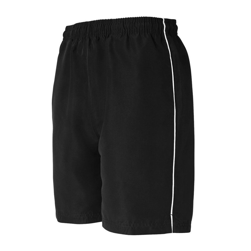 Black kids sports shorts with white side piping and elasticated waistband, packshot view