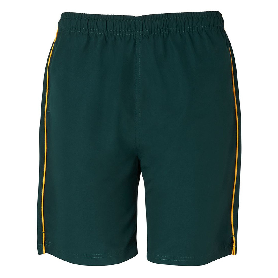 Bottle green kids sports shorts with gold piping down both sides and elasticated waistband