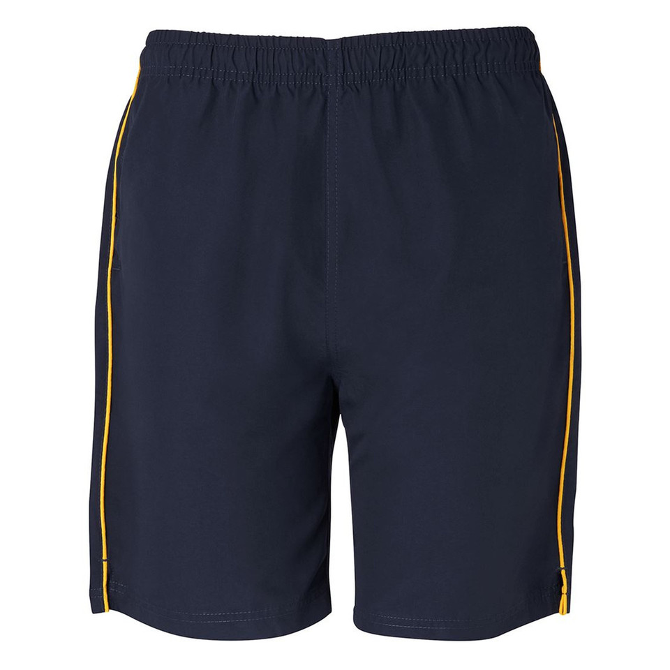 Navy sports shorts with gold and white contrast piping along sides and elastic waistband