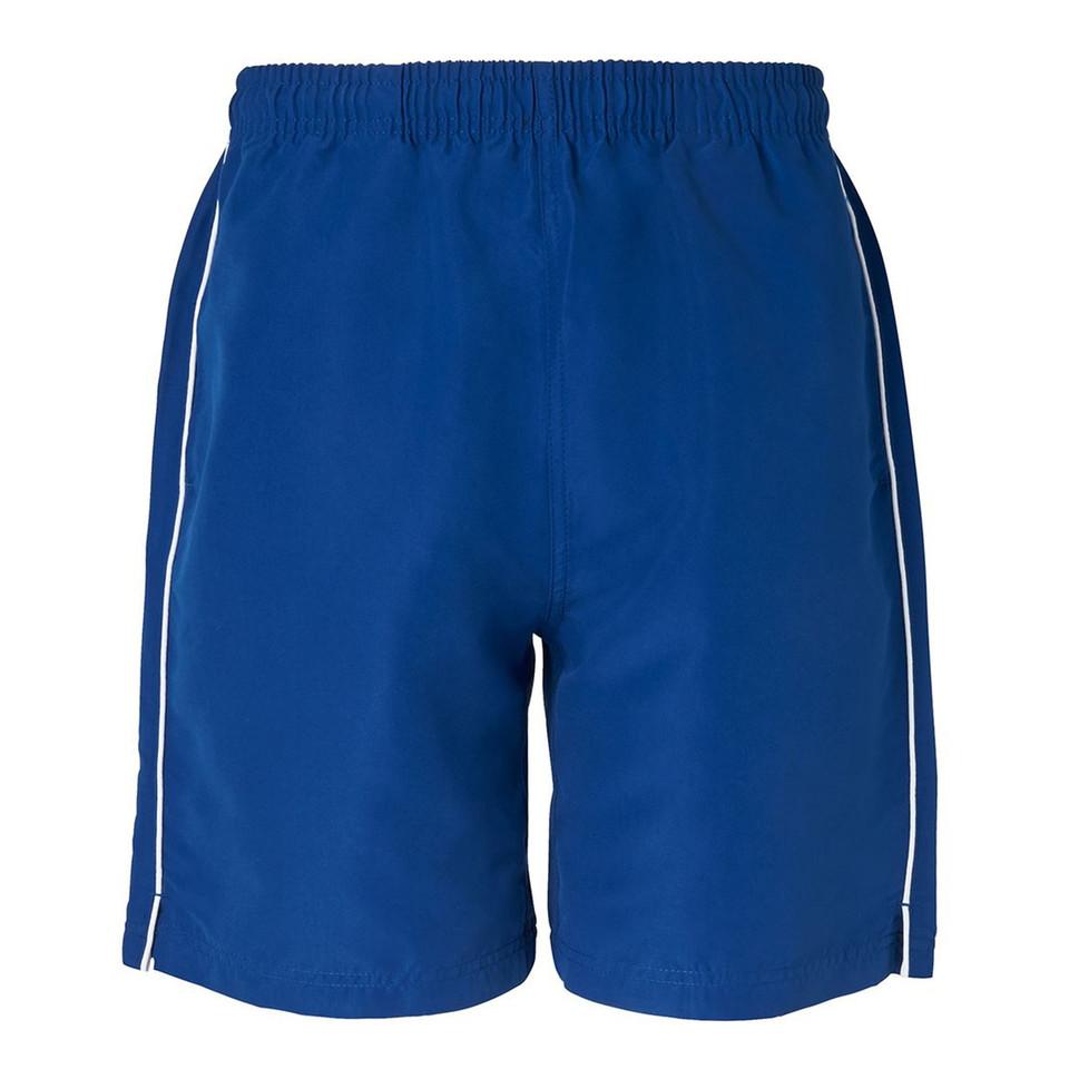 Royal blue kids sports shorts with white piping trim and elasticated waistband