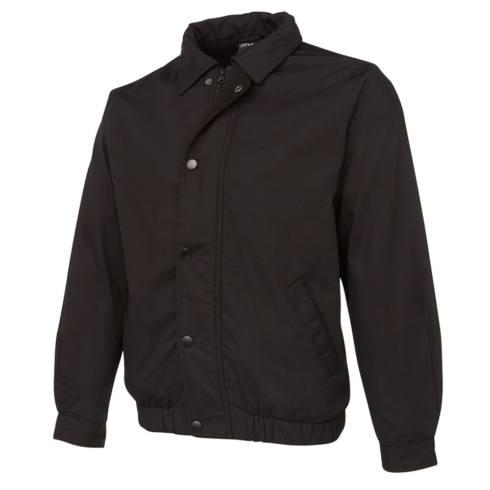 Black canvas shell jacket with button-down collar and snap closure, featuring elastic cuffs and waistband