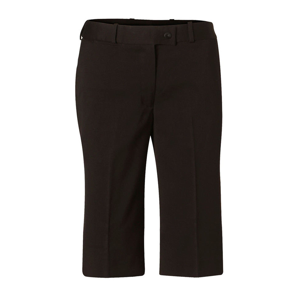 Black knee-length stretch shorts with flat front panel, belt loops, and side pockets