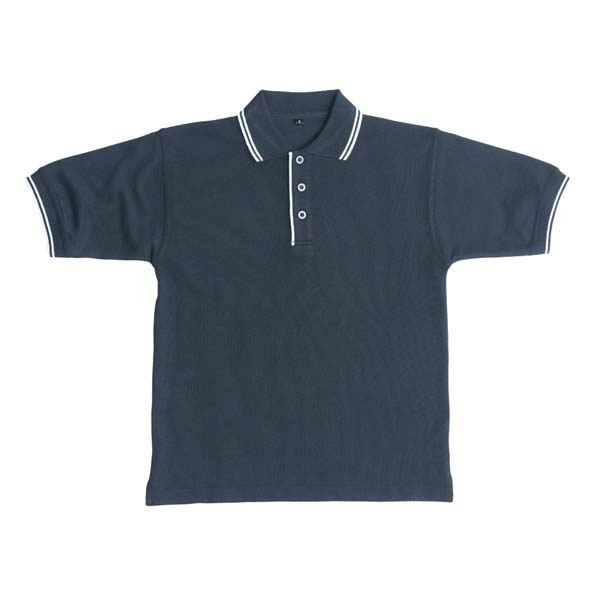 Navy blue kids polo shirt with white contrast tipping on collar and sleeves, three-button placket