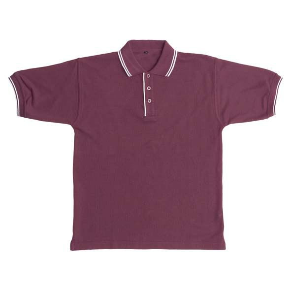 Maroon kids polo shirt with white contrast collar tipping and sleeve trim, three-button placket
