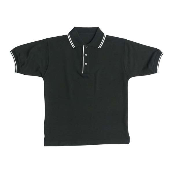 Black pique polo shirt with white contrast tipping on collar and sleeves, featuring three-button placket