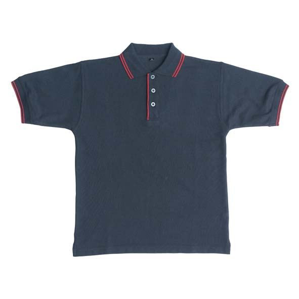 Navy blue polo shirt with maroon contrast tipping on collar and sleeves, three-button placket