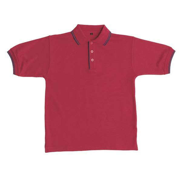 Maroon kids polo shirt with charcoal contrast tipping on collar and placket, flat lay view with button-up front