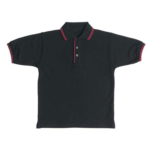 Black kids pique polo shirt with red contrast tipping on collar and sleeve cuffs, two-button placket, flat lay