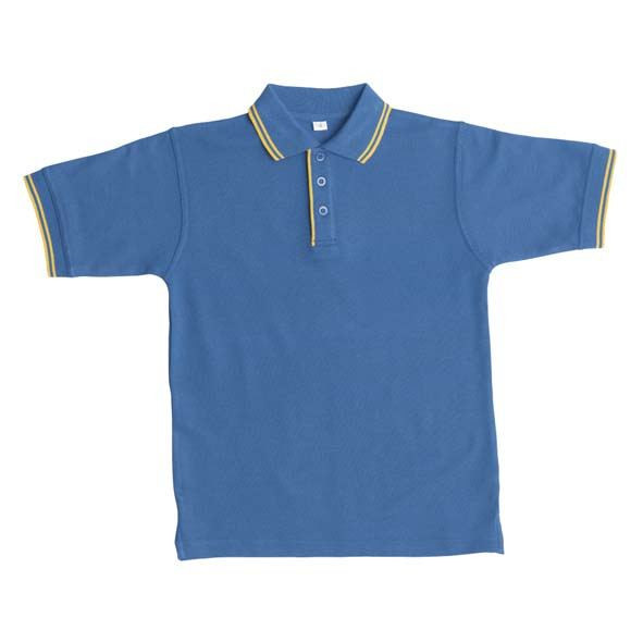 Mid blue polo shirt with gold and white striped collar and sleeve trim featuring contrast tipping