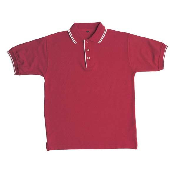 Crimson red kids pique polo shirt with white contrast tipping on collar and cuffs, three-button placket, flat lay