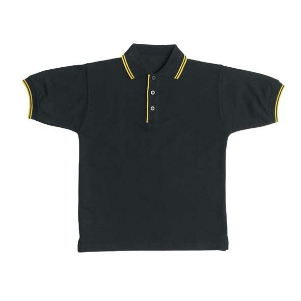 Black kids pique polo shirt with gold contrast tipping on collar and sleeve cuffs, three-button placket, flat lay