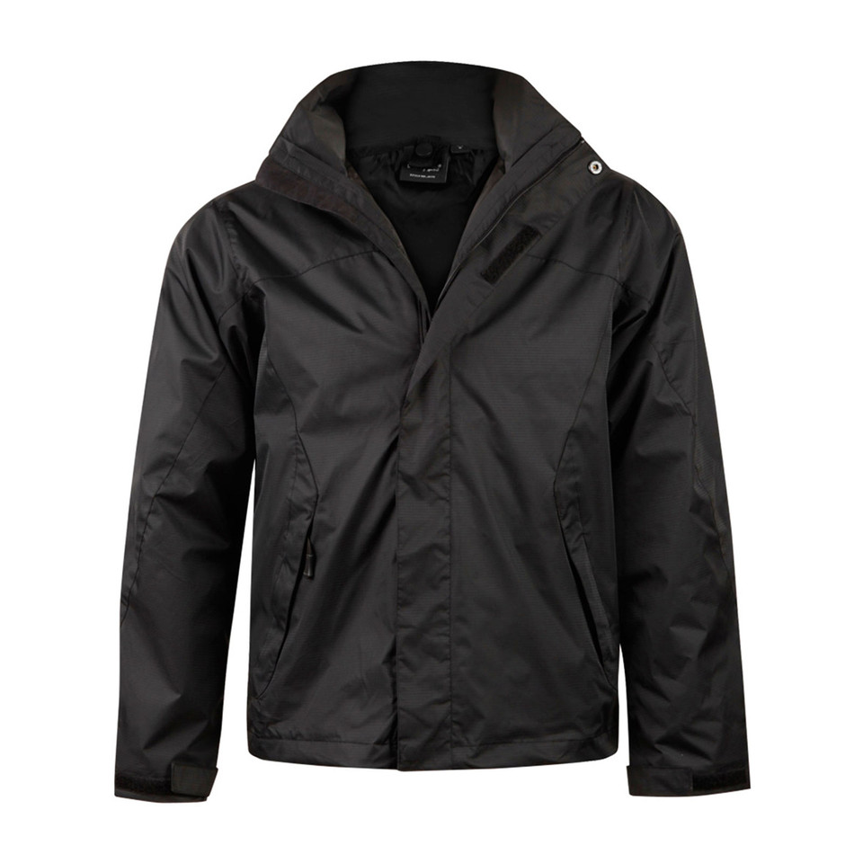 Black storm flap jacket with concealed hood and front zip closure