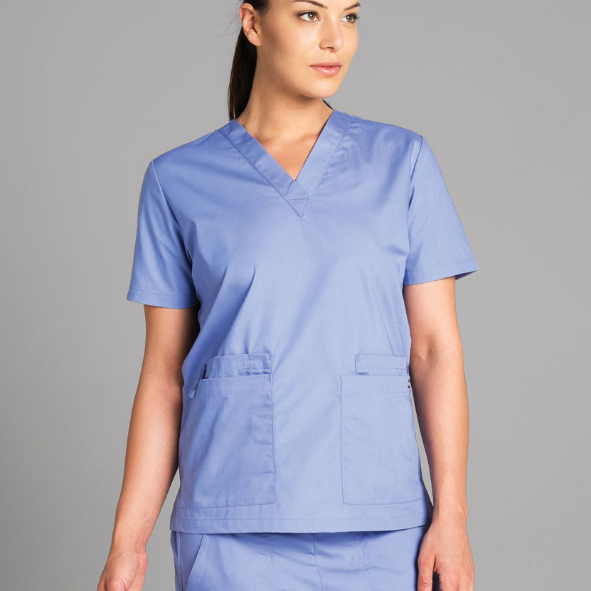 Periwinkle blue V-neck scrubs top with short sleeves and two front patch pockets