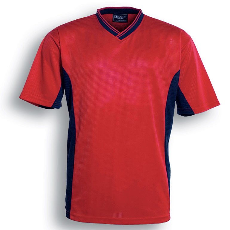 Red textured mesh soccer jersey with navy side panels and striped v-neckline, short sleeve