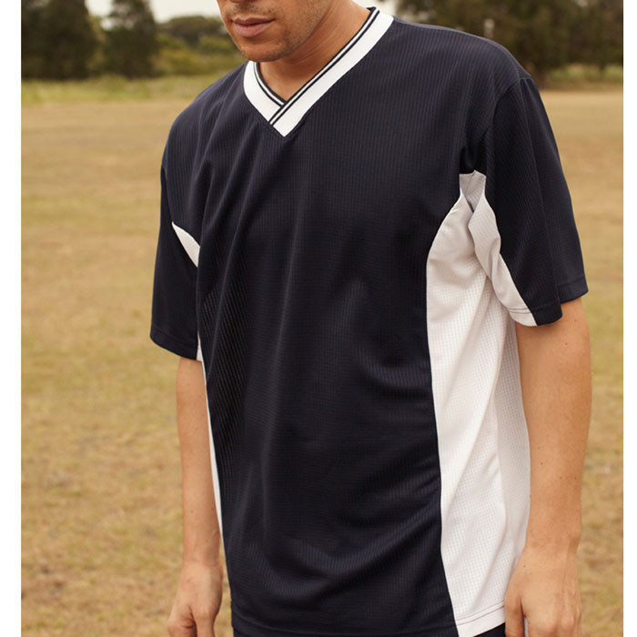 Navy blue soccer jersey with white side panels and striped V-neck collar trim
