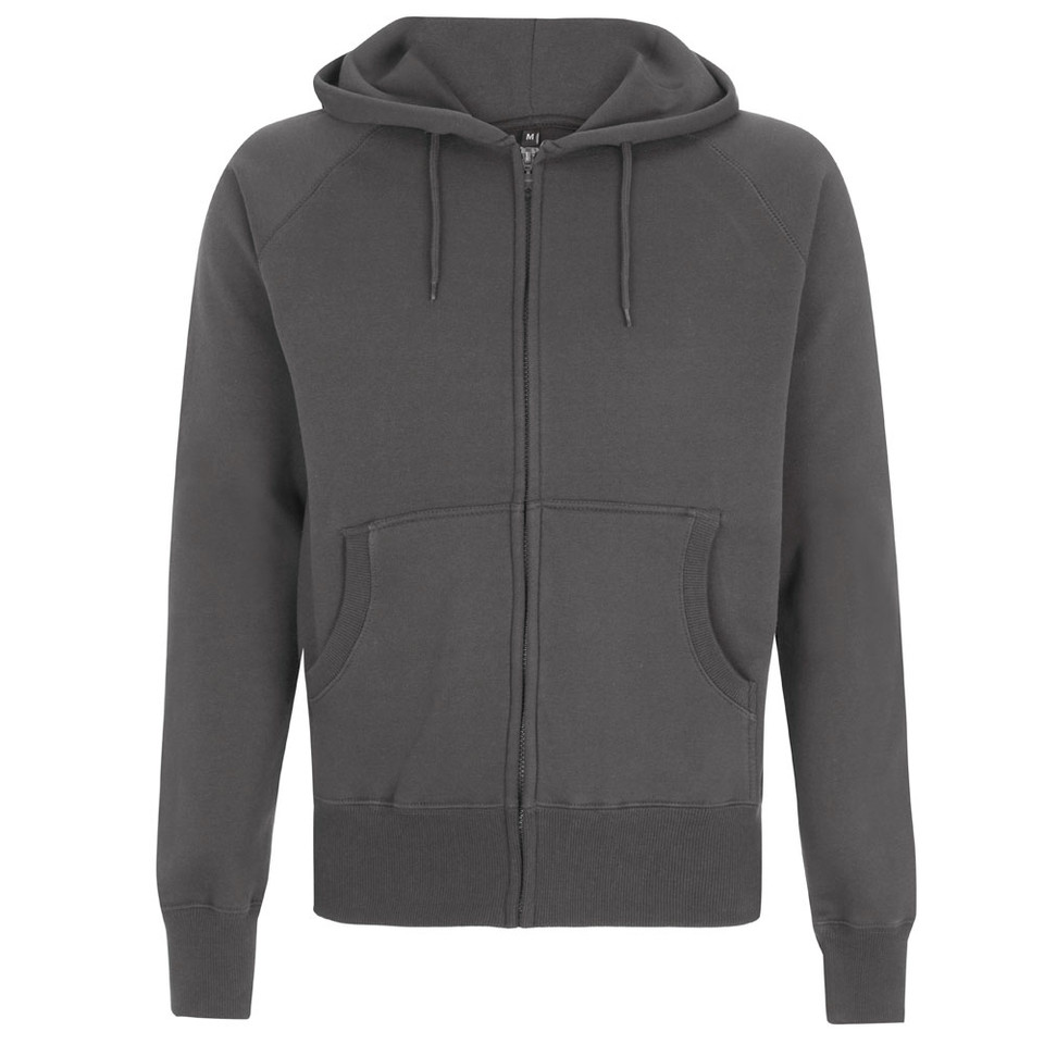 Charcoal grey men's zip-up hoodie with kangaroo pocket and matching drawstrings on plain background