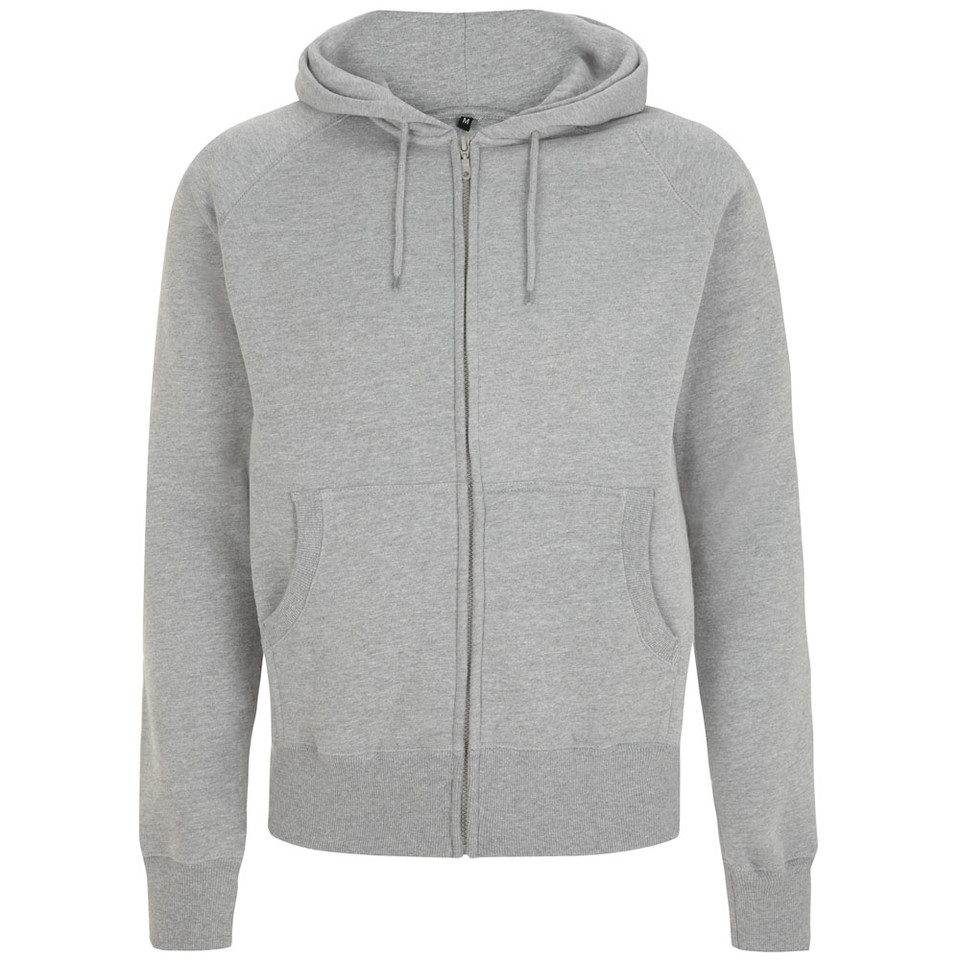 Grey marl men's full-zip hoodie with drawstring hood, raglan sleeves and two lower front pockets