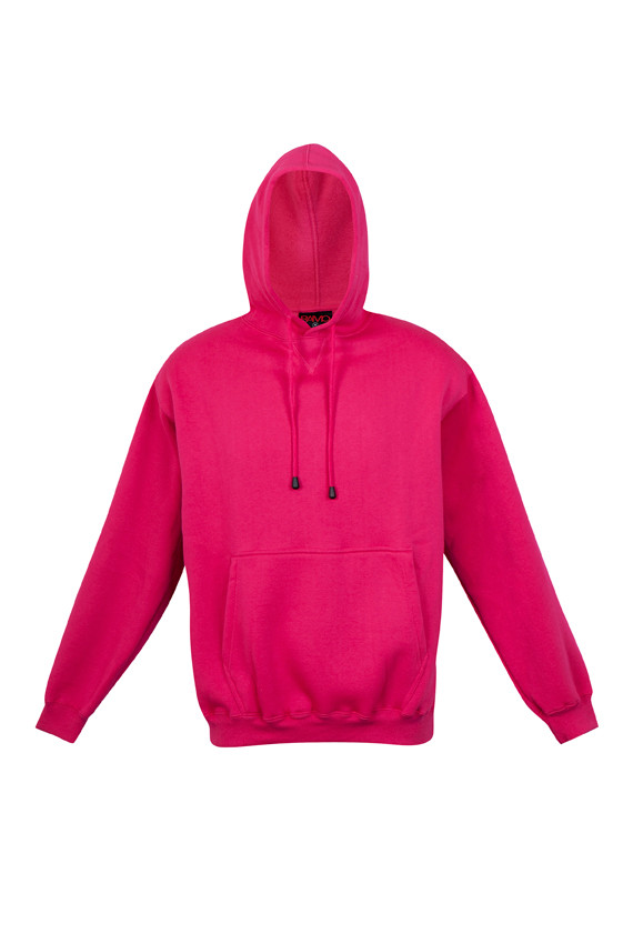 Hot pink fleece pullover hoodie with kangaroo pocket and matching drawstrings on white background