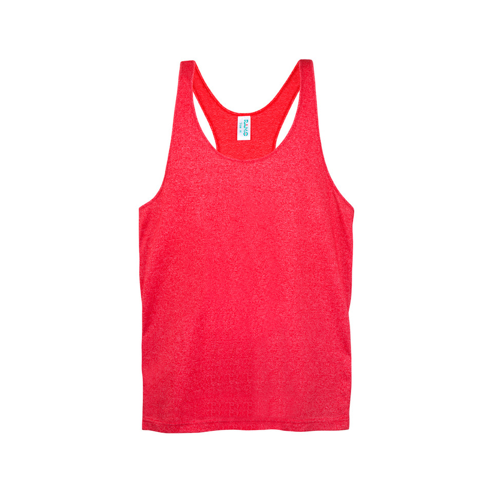 Red heather mens racerback singlet with narrow straps and open armhole, flat lay on white background