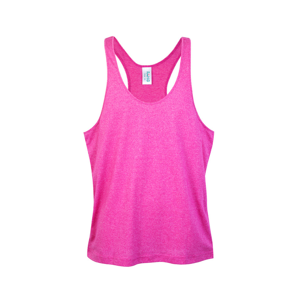 Hot pink heather racerback singlet with scoop neck and wide armhole openings, flat lay on white
