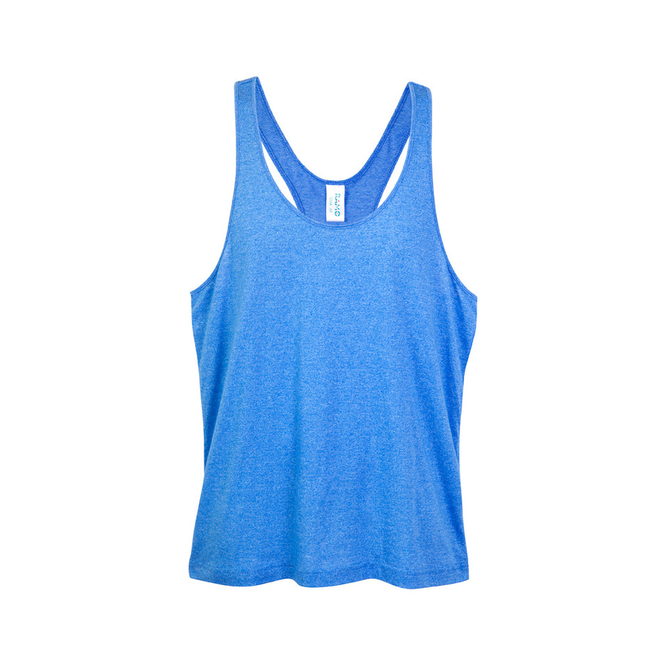 Heather royal blue racerback singlet with contrast white neck trim and relaxed fit