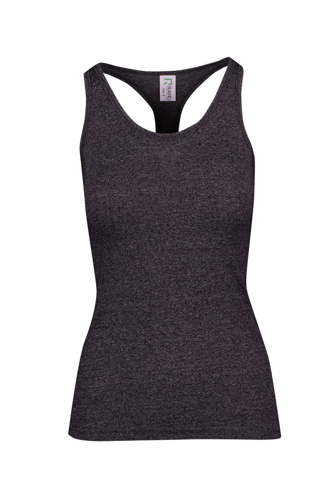A plain dark heather ladies' FINCH Racerback Singlet, featuring a soft, lightweight, and athletic fit with a cool heathered look. The 130gsm top is made from a 50% Cotton, 50% Polyester blend, ideal for training, marathons, activewear, or layering.