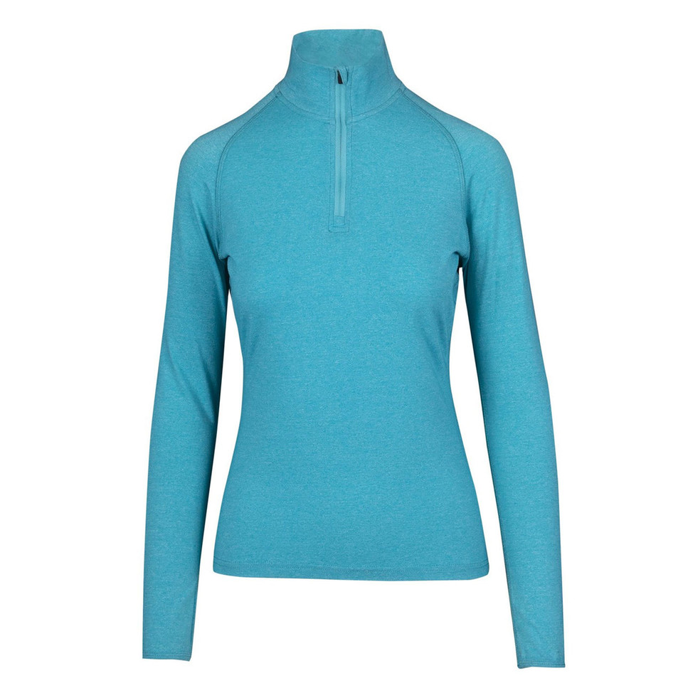 Turquoise marle ladies half-zip pullover with high neck and raglan sleeves