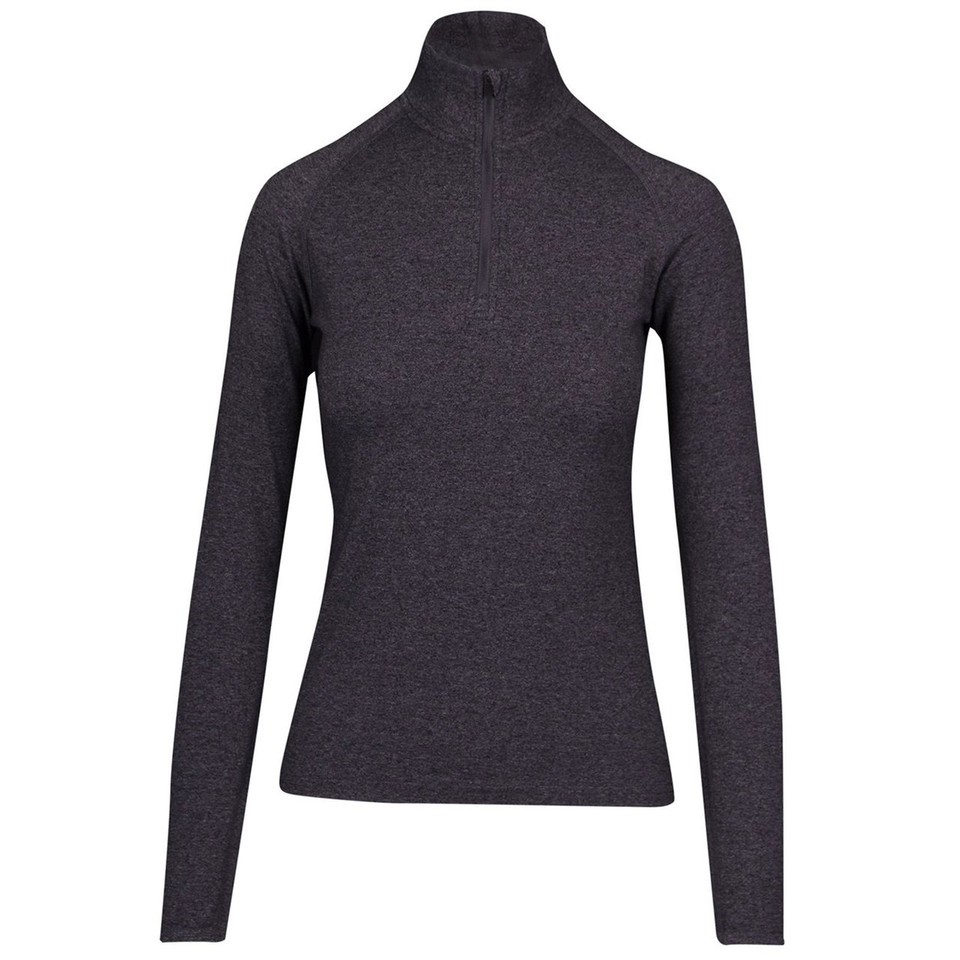 Charcoal grey ladies half-zip high neck top with long sleeves in heathered fabric