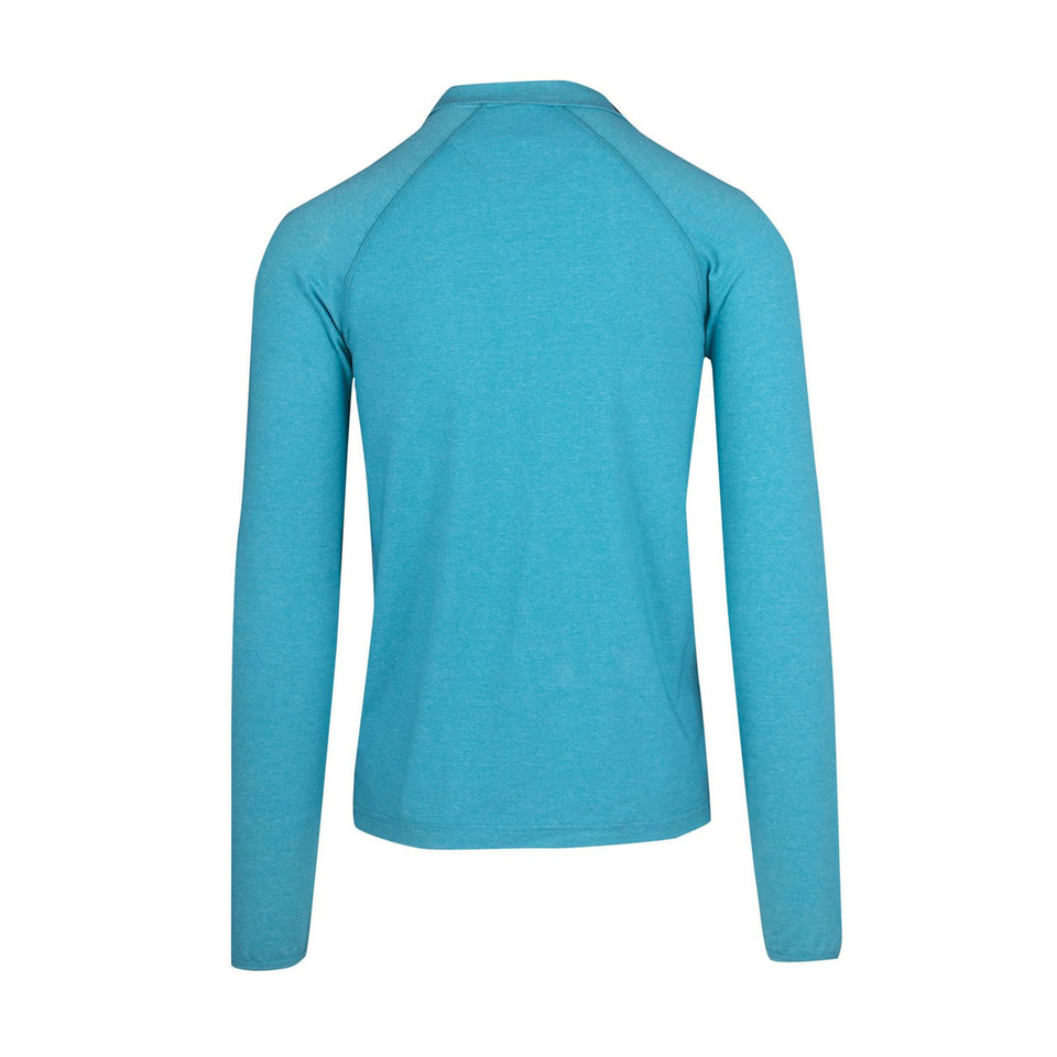Back view of a heather aqua long sleeve half-zip high neck top with raglan sleeves